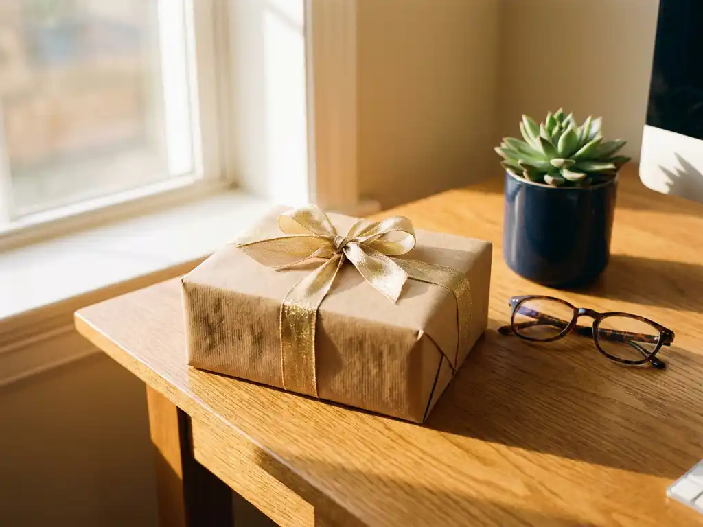 Kraftpapieren cadeaudoos met gouden lint op eikenhouten bureau, naast een vetplant en leesbril, in warm middaglicht.