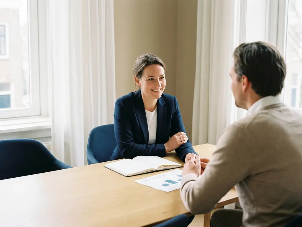 Twee professionals in gesprek aan een houten bureau met notitieboek en financieel overzicht, warm Nederlands kantoor met natuurlijk licht.
