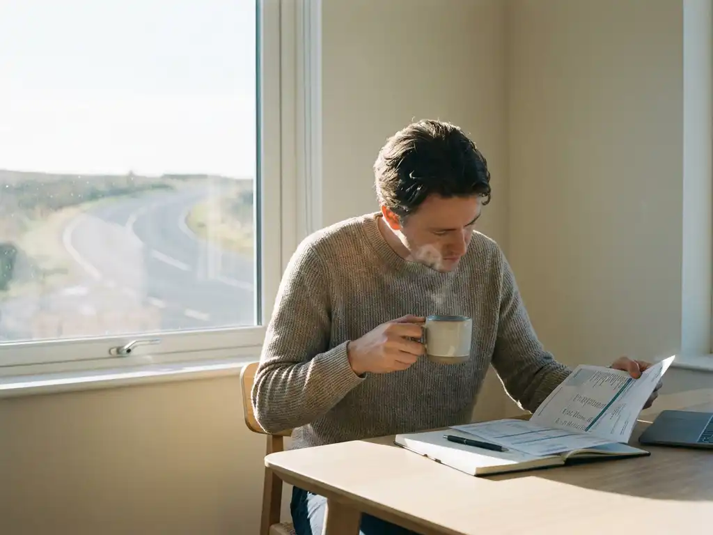 Persoon aan houten bureau met financiële documenten en koffie, ochtendzonnelicht door raam met open weg op achtergrond.