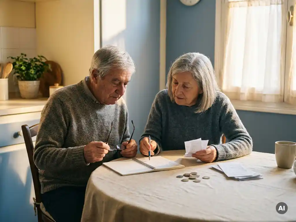 Gepensioneerd stel aan keukentafel met huishoudbudget, notitieboek, euromunten en bonnetjes in warm middaglicht.