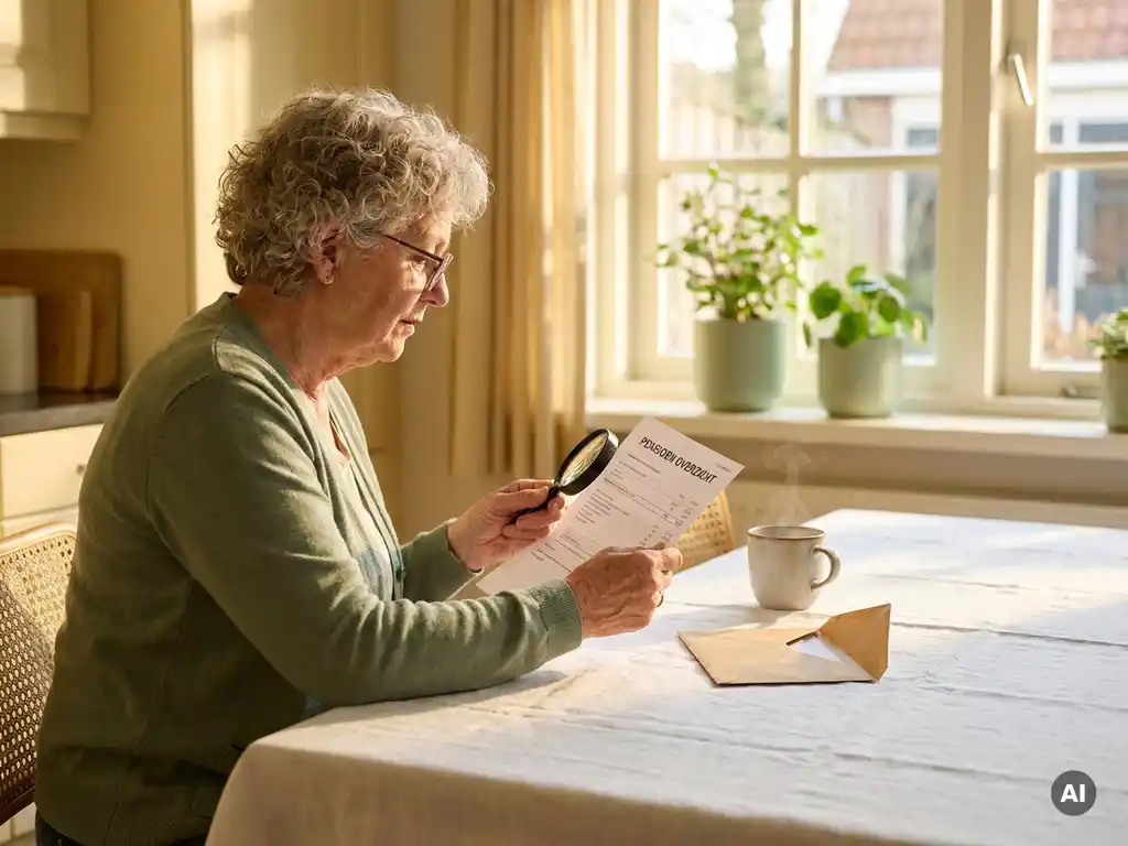 Gepensioneerde Nederlandse vrouw leest pensioenoverzicht aan zonnige keukentafel met koffie en envelop.