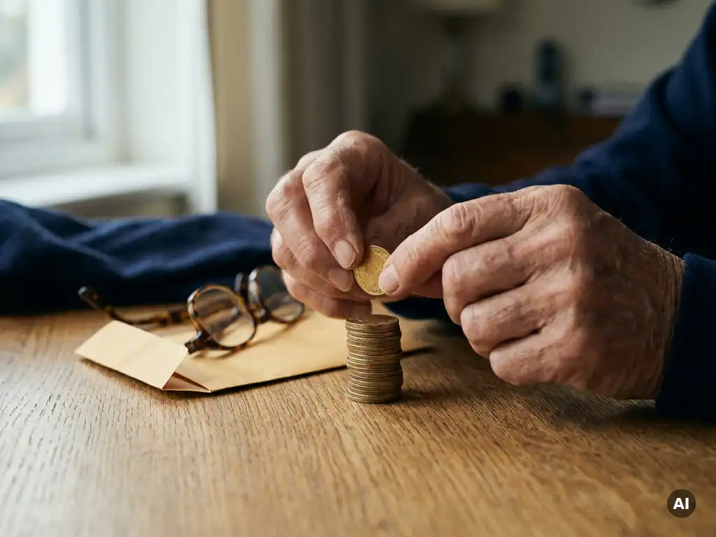 Verweerde handen die een gouden munt optillen van een stapel munten op een eikenhouten bureau, met een envelop en leesbril ernaast.