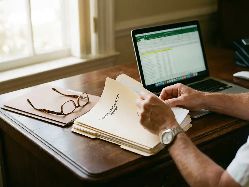 HR-manager beoordeelt pensioenaanvragen op houten bureau met laptop en spreadsheet data, kantooromgeving