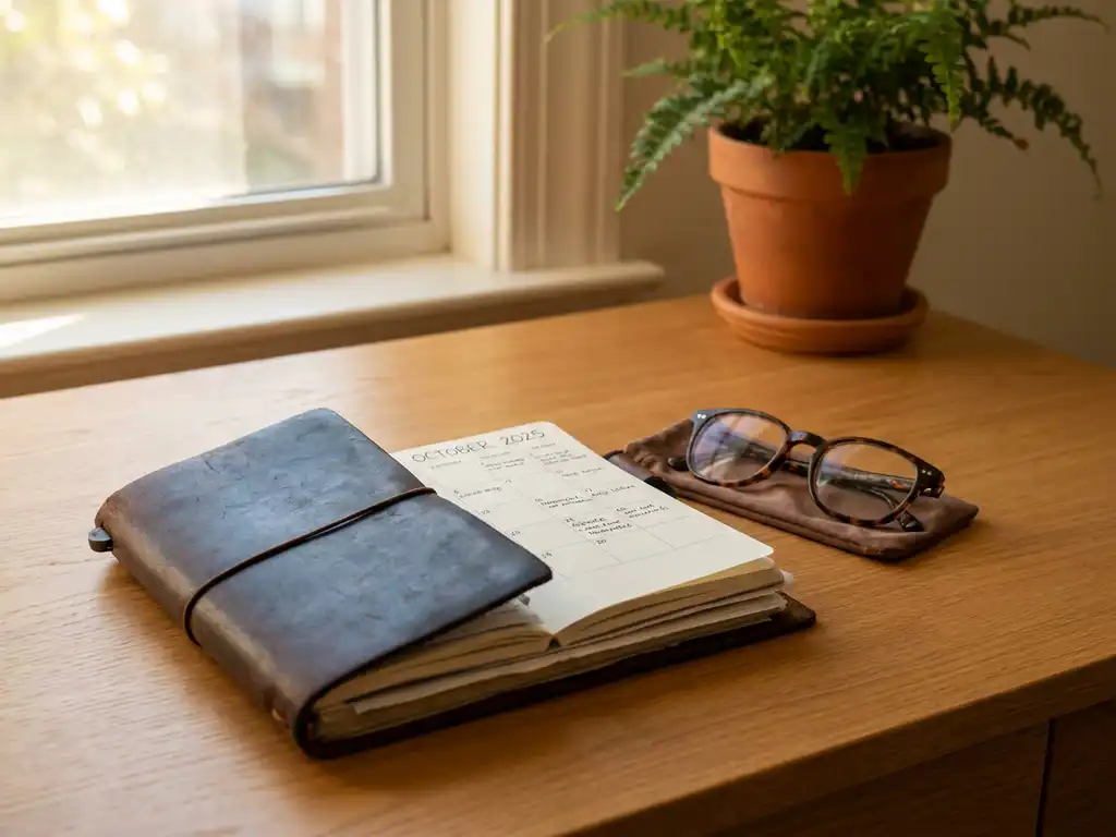 Versleten leren agenda open op een toekomstige datum op een eikenhouten bureau, met gevouwen leesbril en zacht middaglicht.