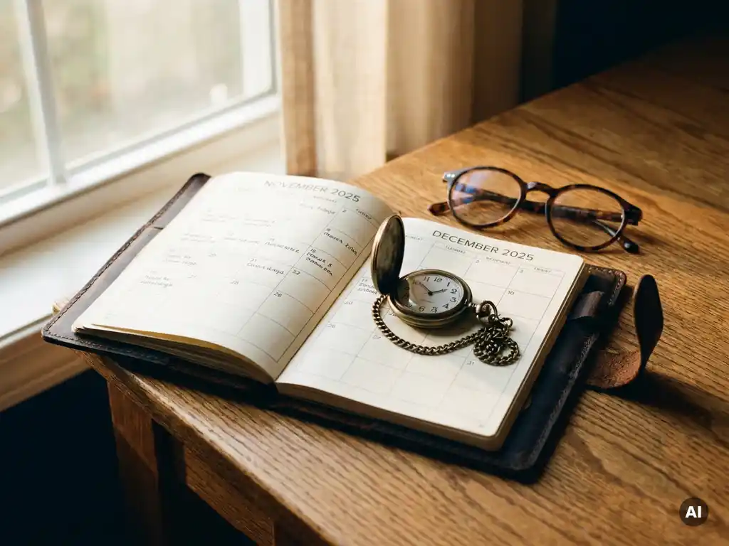 Versleten leren agenda opengeslagen op een eiken bureau, met een vintage zakhorloge en leesbril in zacht ochtendlicht.