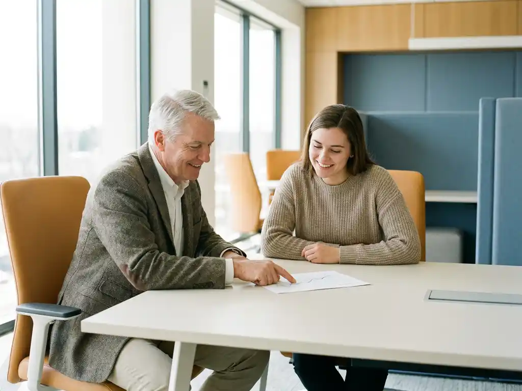 Ervaren professional wijst jongere collega financieel overzicht aan bureau, warme kantooromgeving met natuurlijk licht.