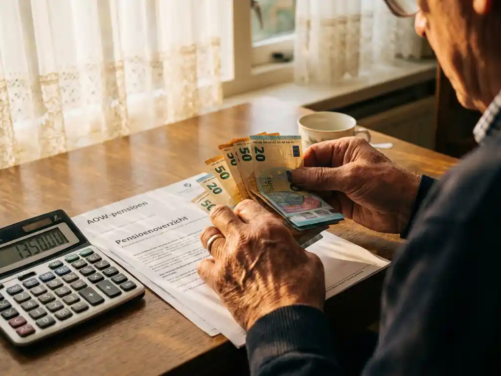 Nederlandse gepensioneerde telt eurobiljetten aan keukentafel met AOW-papieren en rekenmachine in warm zonlicht