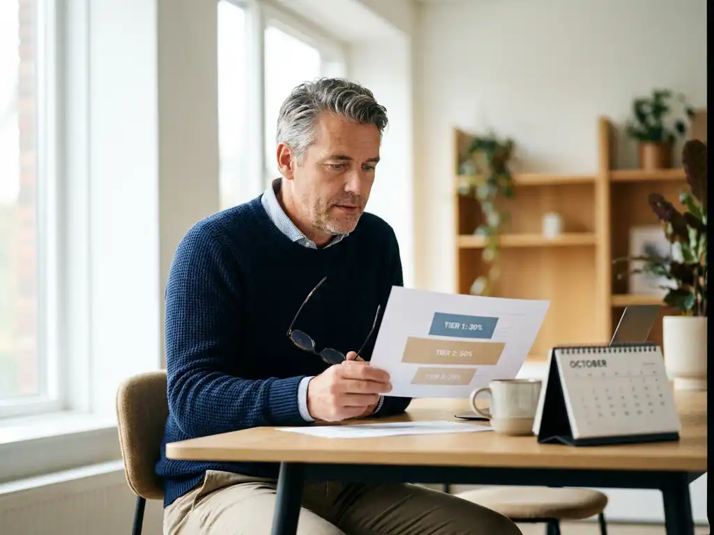 Nederlandse professional in zakelijke kleding bestudeert gestructureerd document met procentuele tiers aan modern bureau, kalender en leesbril zichtbaar.