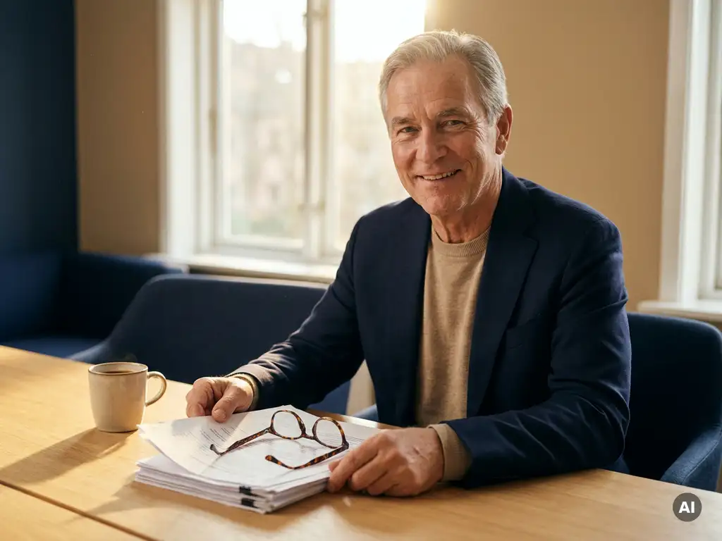 Oudere professional in smart-casual kleding bekijkt documenten aan modern bureau met koffie en leesbril, warm middaglicht.