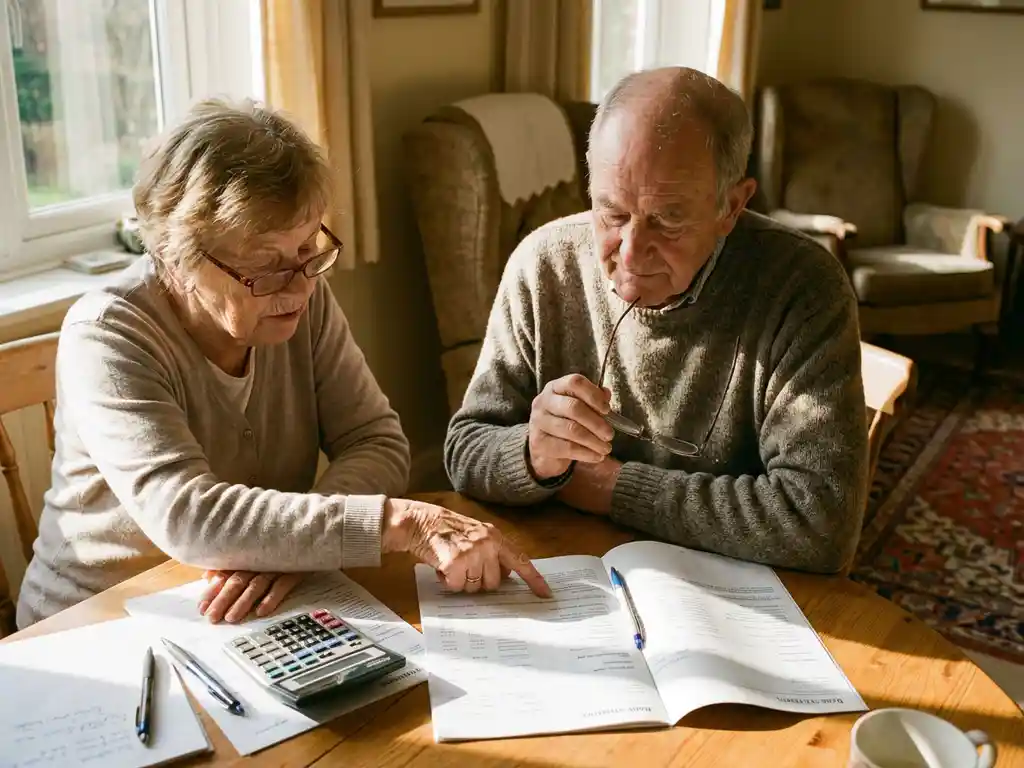 Ouder echtpaar bestudeert financiële documenten aan keukentafel met rekenmachine en leesbril in warm zonlicht