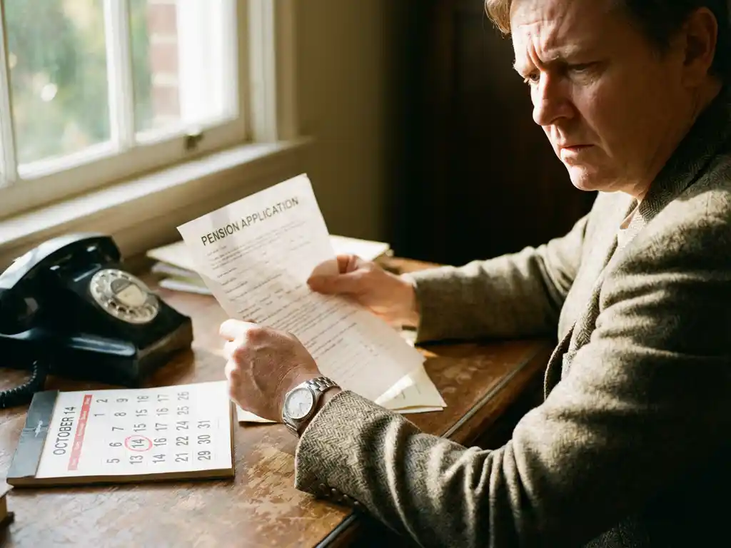 Bezorgde persoon van middelbare leeftijd bekijkt pensioenbrief aan houten bureau met kalender en telefoon
