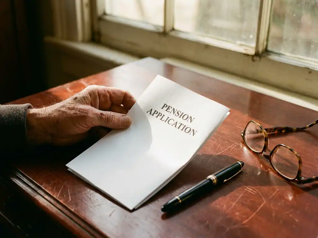 Oudere hand houdt wit pensioenformulier vast op houten bureau met vulpen en leesbril in ochtendlicht