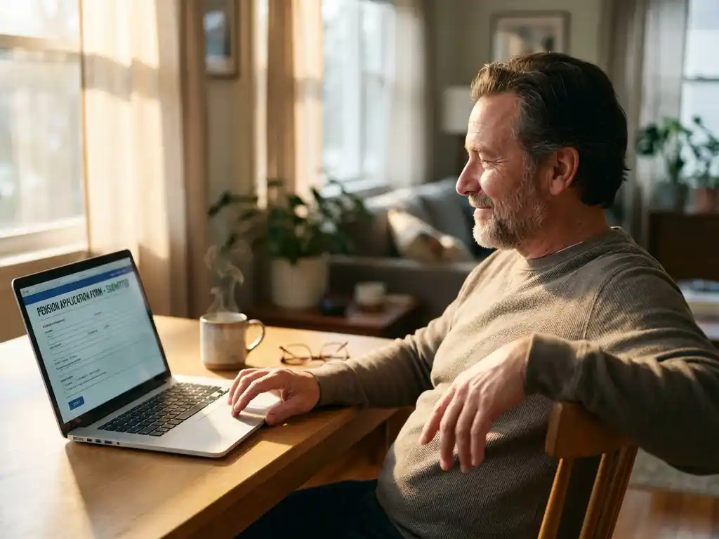 Persoon van middelbare leeftijd met tevreden glimlach achter laptop met pensioenformulier, koffiekopje en bril op bureau