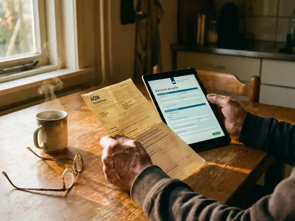 Oudere handen houden AOW-document en pensioenformulier op tablet vast op houten keukentafel met bril en koffiekopje