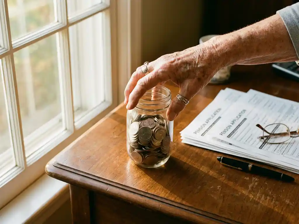 Oudere hand plaatst glazen pot met munten op bureau naast pensioenformulieren in natuurlijk zonlicht