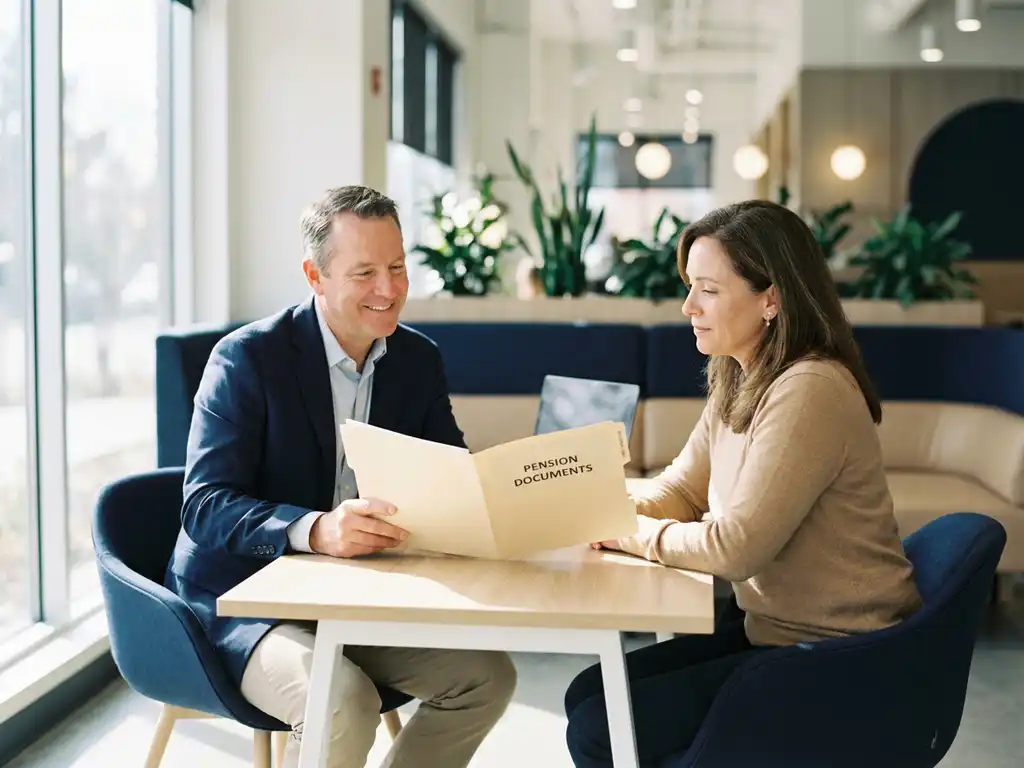 Financieel adviseur bespreekt pensioenplan met middelbare cliënt aan modern bureau in licht kantoor.
