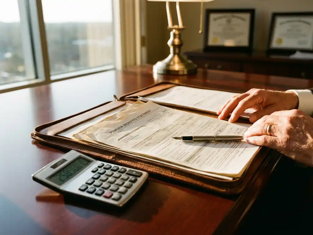 Financieel adviseur werkt met pensioenformulieren op bureau, calculator en vulpen zichtbaar in warm zonlicht