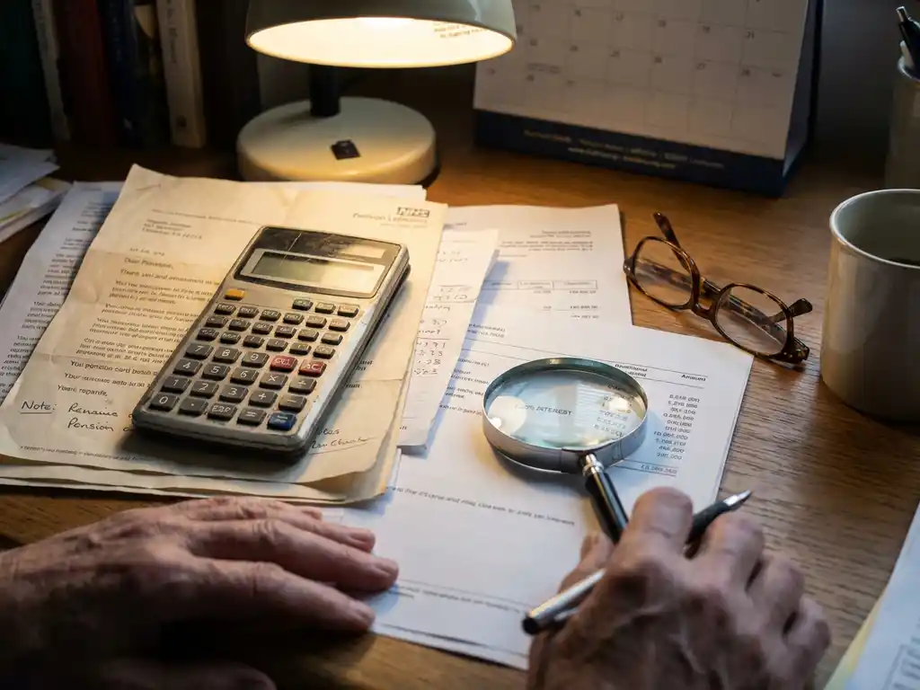 Rekenmachine op pensioen- en financiële documenten met vergrootglas over cijferkolommen op houten bureau
