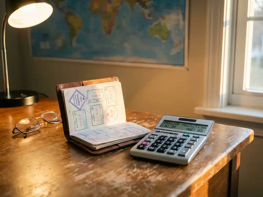 Open paspoort met visastempels naast pensioencalculator op mahoniehout bureau, leesbrilen en wereldkaart op achtergrond
