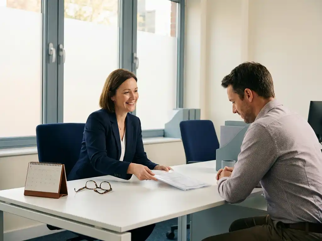 HR-manager schuift pensioendocument over bureau naar medewerker in modern Nederlands kantoor met grote matglazen ramen.