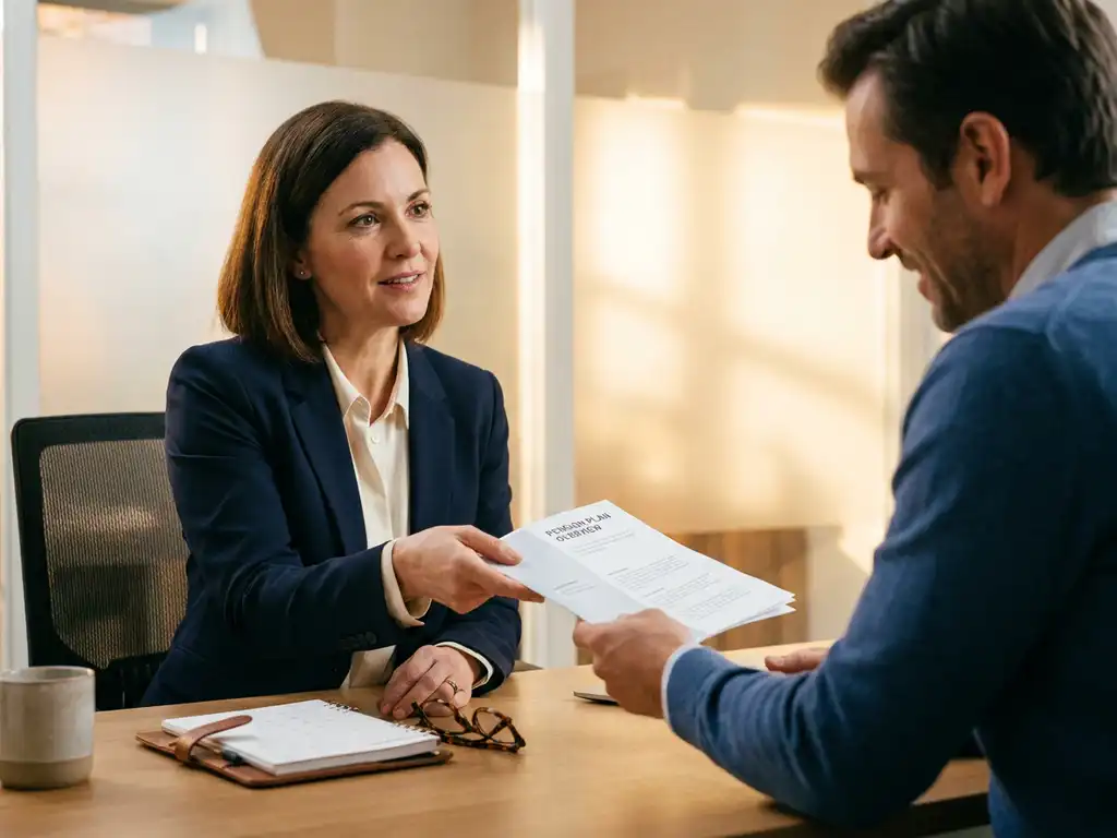 HR-manager overhandigt pensioendocument aan medewerker aan kantoorbureau met kalender en leesbril, warm kantoorlicht.