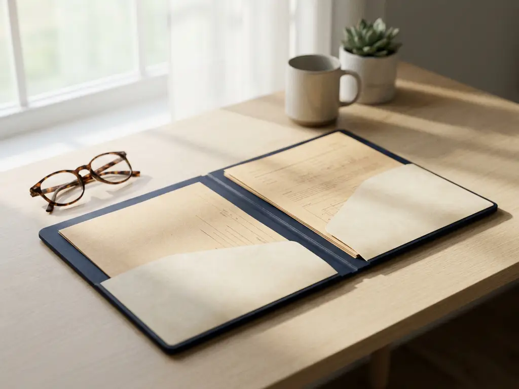 Open pensioendossier op modern bureau met leesbril, zacht natuurlijk licht en rustgevende marine- en perkamenttinten.