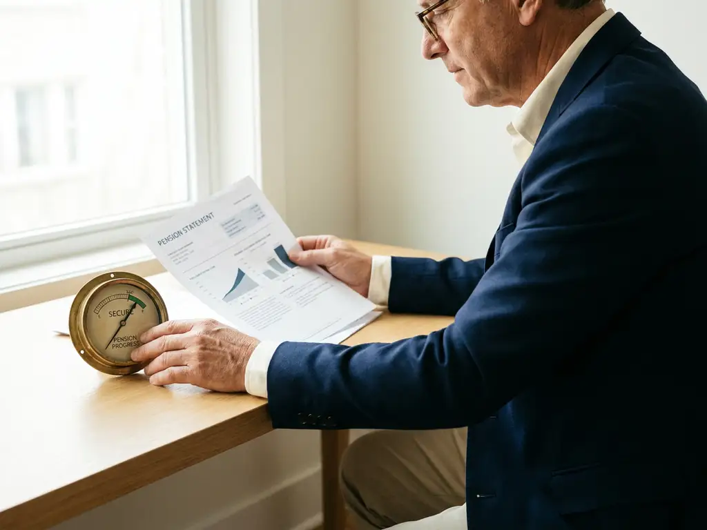 Middeleeftijdse professional bestudeert pensioendocument aan modern bureau met messing meter als metafoor voor pensioenplanning.