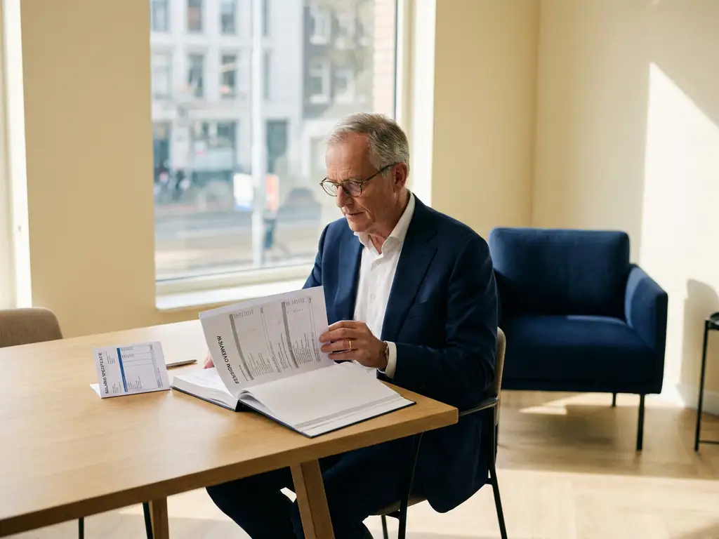 Senior professional in maatpak vergelijkt pensioendocument met salarisstrook aan modern Nederlands bureau in warm natuurlijk licht.
