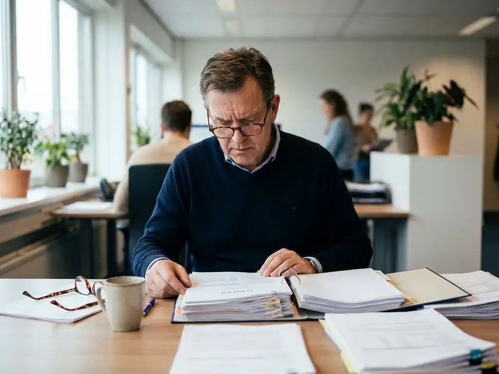 Nederlandse kantoormedewerker bekijkt verward een dikke pensioendocumentenstapel op een bureau, met een leesbril ernaast.