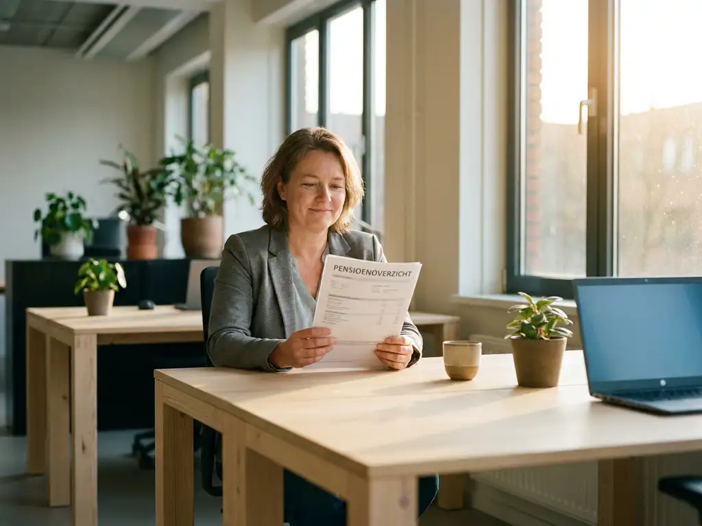 Ontspannen medewerker leest pensioendocument aan modern Scandinavisch bureau in Nederlands kantoor met warm middaglicht.
