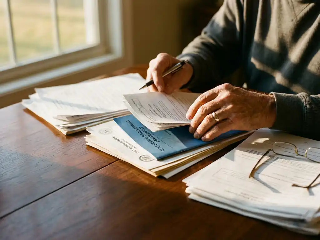 Professionele handen bekijken pensioenpaperassen en cao-boekje op houten bureau bij raam met natuurlijk licht