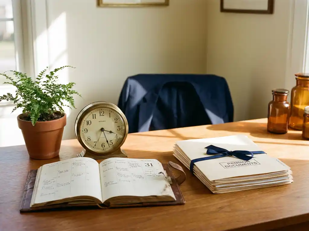 Versleten leren agenda opengeslagen naast analoge klok, pensioendocumenten en kamerplant op wit bureau in warm goudkleurig middaglicht.