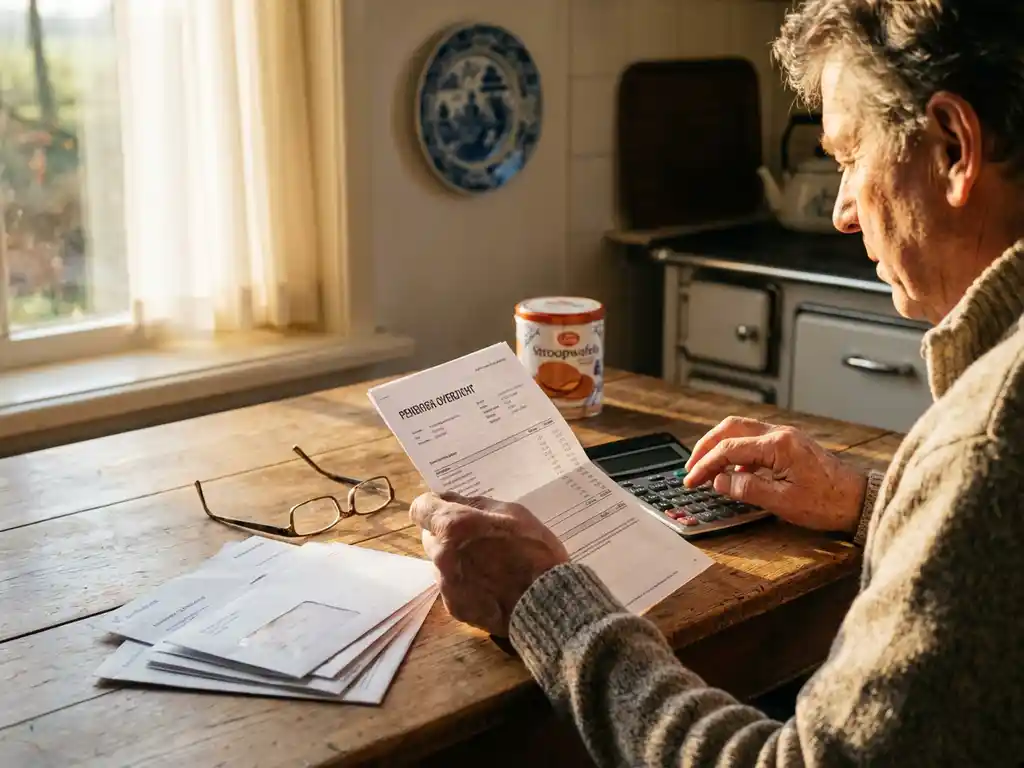 Persoon van middelbare leeftijd bekijkt pensioendocumenten aan keukentafel met rekenmachine en leesbril