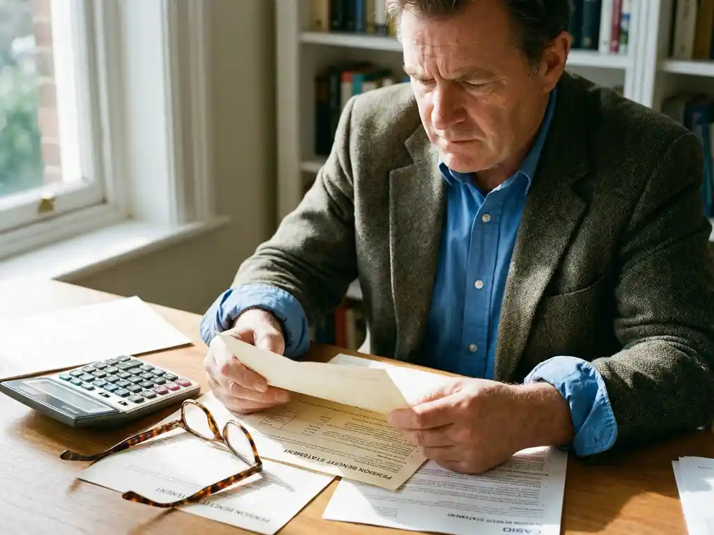 Professionele persoon bestudeert pensioendocumenten aan bureau met rekenmachine en leesbril in natuurlijk licht