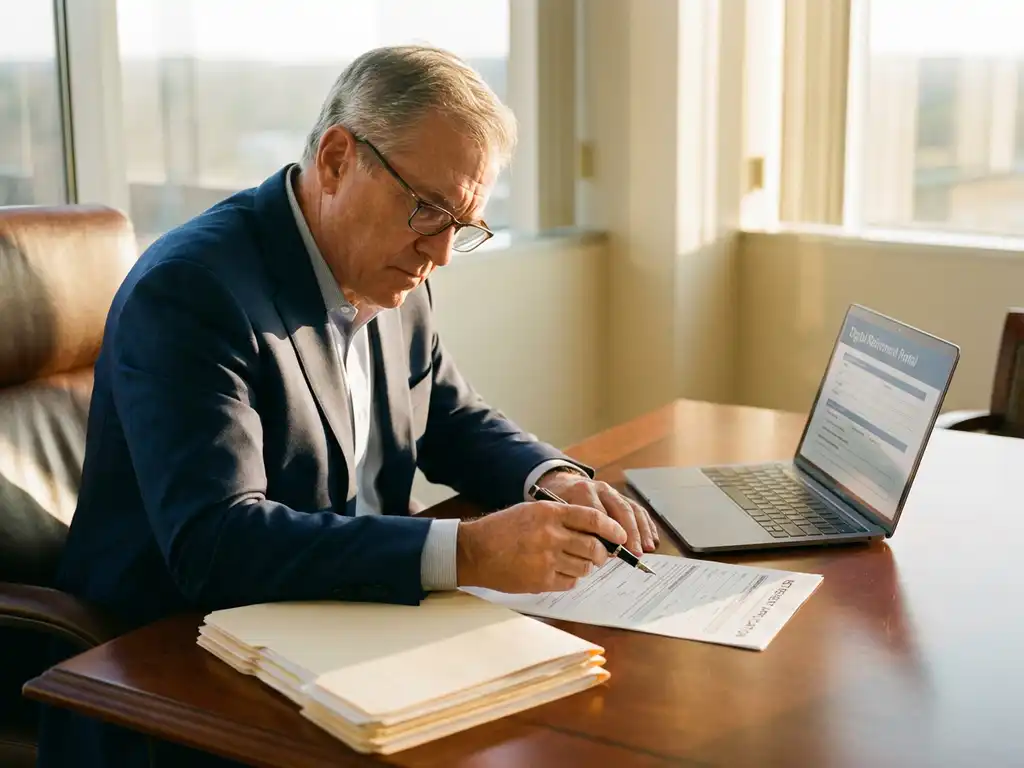 Senior professional bekijkt pensioenformulieren aan bureau met laptop en stapels documenten in warm kantoorlicht