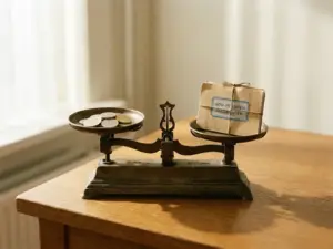 Verweerde bronzen weegschaal in balans op eikenhouten bureau, met euromunten tegenover een Nederlands pensioendocument.