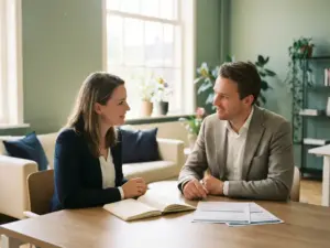 Twee collega's in gesprek aan een bureau met pensioendocumenten in een rustig Nederlands kantoor met warm natuurlijk licht.