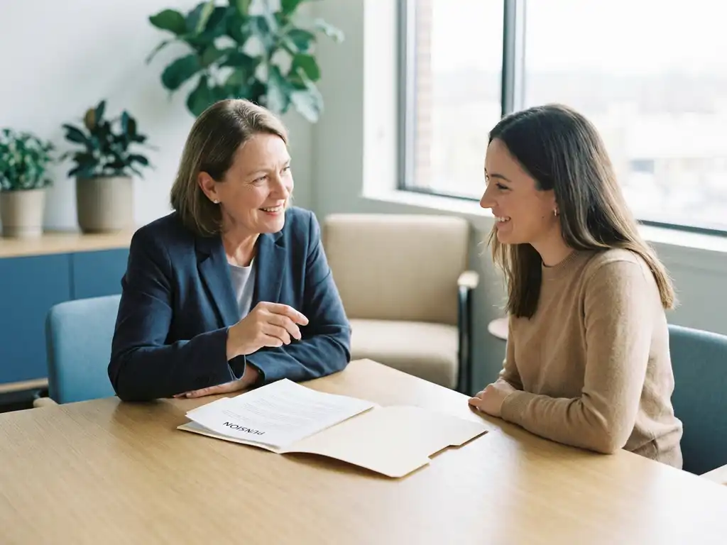 HR-manager en medewerker bespreken pensioendocumenten aan modern kantooртаfel in warm, natuurlijk licht.

Let me redo this properly:

HR-manager en medewerker overleggen over pensioendocumenten aan een moderne kantooртafel in warm natuurlijk licht.

---

HR-manager en medewerker bespreken pensioendocumenten aan een moderne kantoortafel in warm natuurlijk licht.