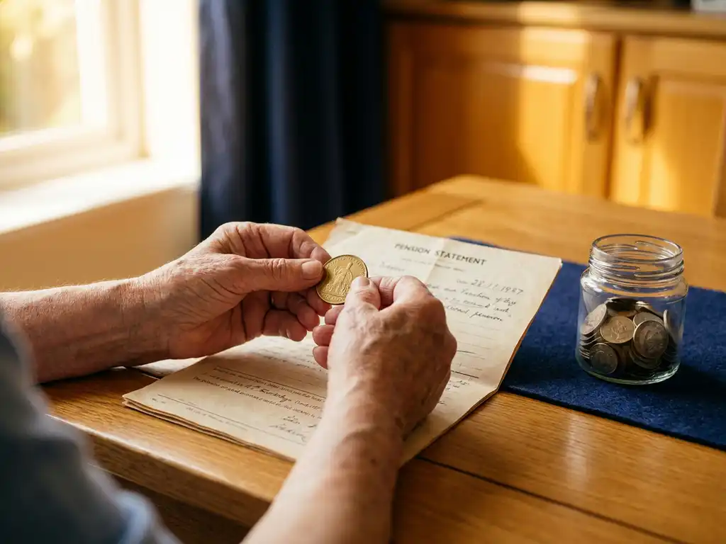 Oudere handen houden een gouden munt boven een pensioendocument op een eikenhouten bureau, met een glazen pot spaargeld ernaast.
