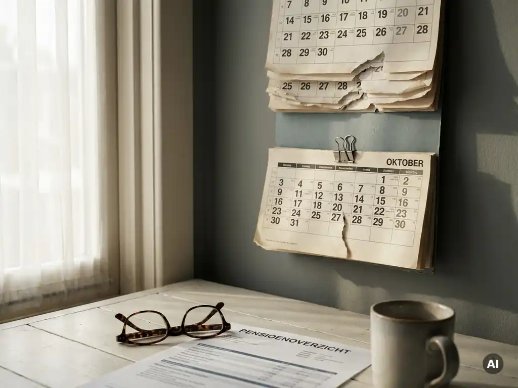 Nederlandstalige kalender aan muur met afgescheurde maanden, leesbril en pensioendocument op wit bureau in zacht natuurlijk licht.