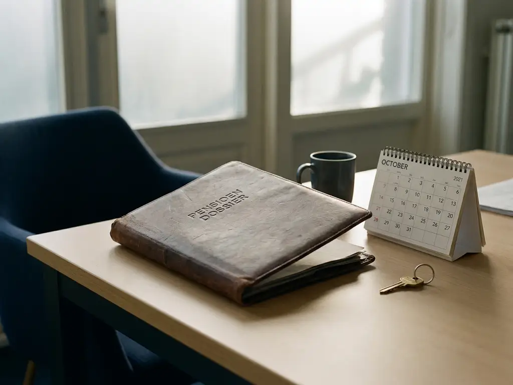 Versleten leren pensioensmap op kantoorbureau met kleine kalender en huissleutel in zacht middagslicht.