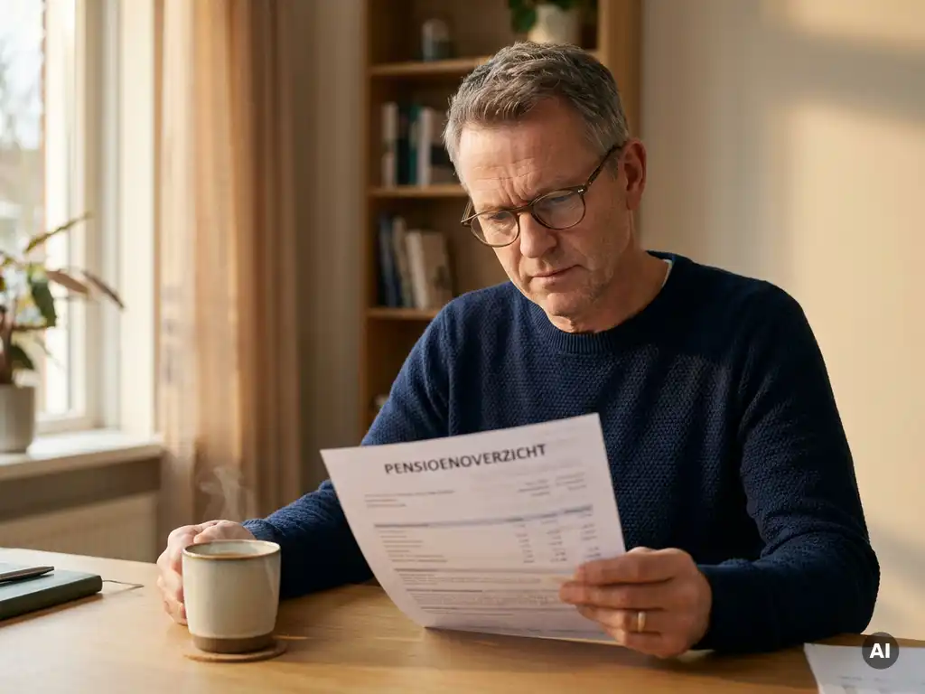 Nederlandse professional aan houten bureau met pensioenoverzicht, kop koffie en zacht middaglicht op de achtergrond.