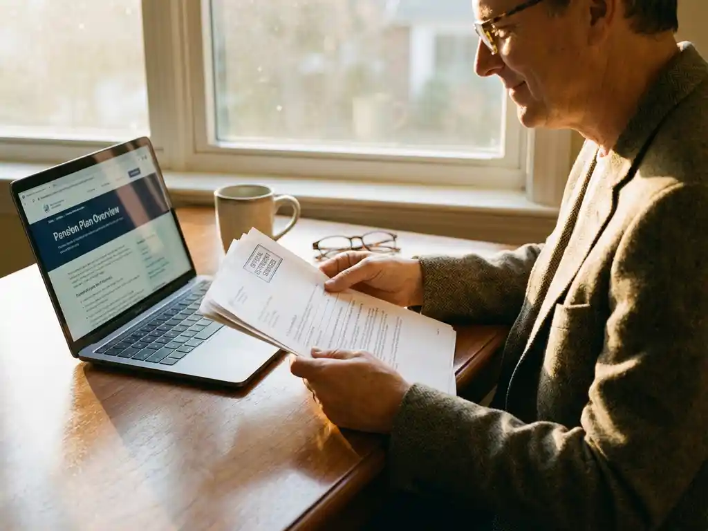 Professionele middelbare persoon bekijkt pensioenformulieren aan bureau met laptop en koffie in warm natuurlijk licht
