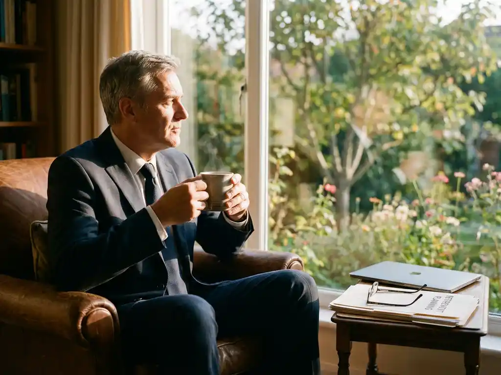 Professionele persoon van middelbare leeftijd overdenkt pensioen met koffie bij raam, pensioenplannen op tafel