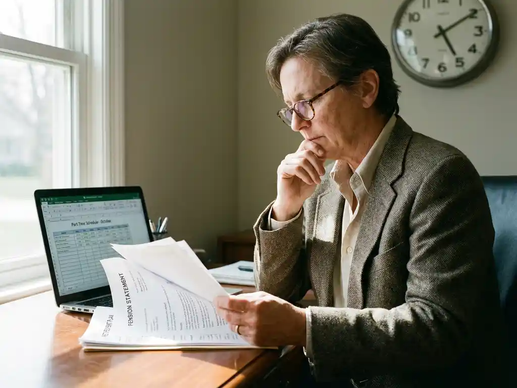 Professionele persoon bekijkt pensioenpaperassen aan bureau met laptop en klok, natuurlijk licht door raam