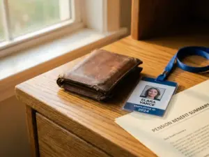 Versleten leren portemonnee en nieuw medewerkersbadge op eikenhouten bureau met pensioendocument, warm natuurlijk licht.