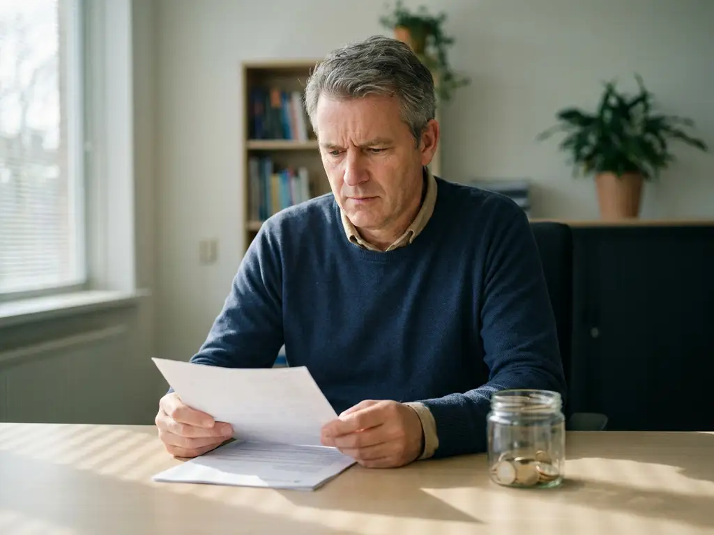 Nederlander bekijkt peinzend een pensioenoverzicht aan houten bureau, met bijna leeg glazen spaarpotje ernaast.