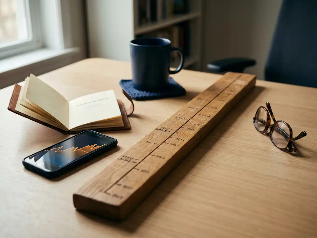 Eikenhouten tijdlijn op kantoorvbureau met open pensioenboekie, smartphone met spaargrafiek en leesbril in warm zijlicht.