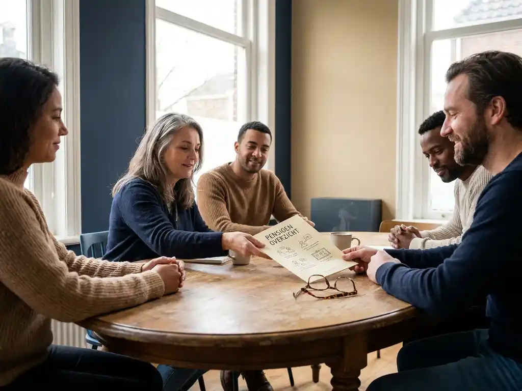 Collega's rond een houten tafel delen een pensioenoverzicht in een rustig Nederlands kantoor met zacht natuurlijk licht.
