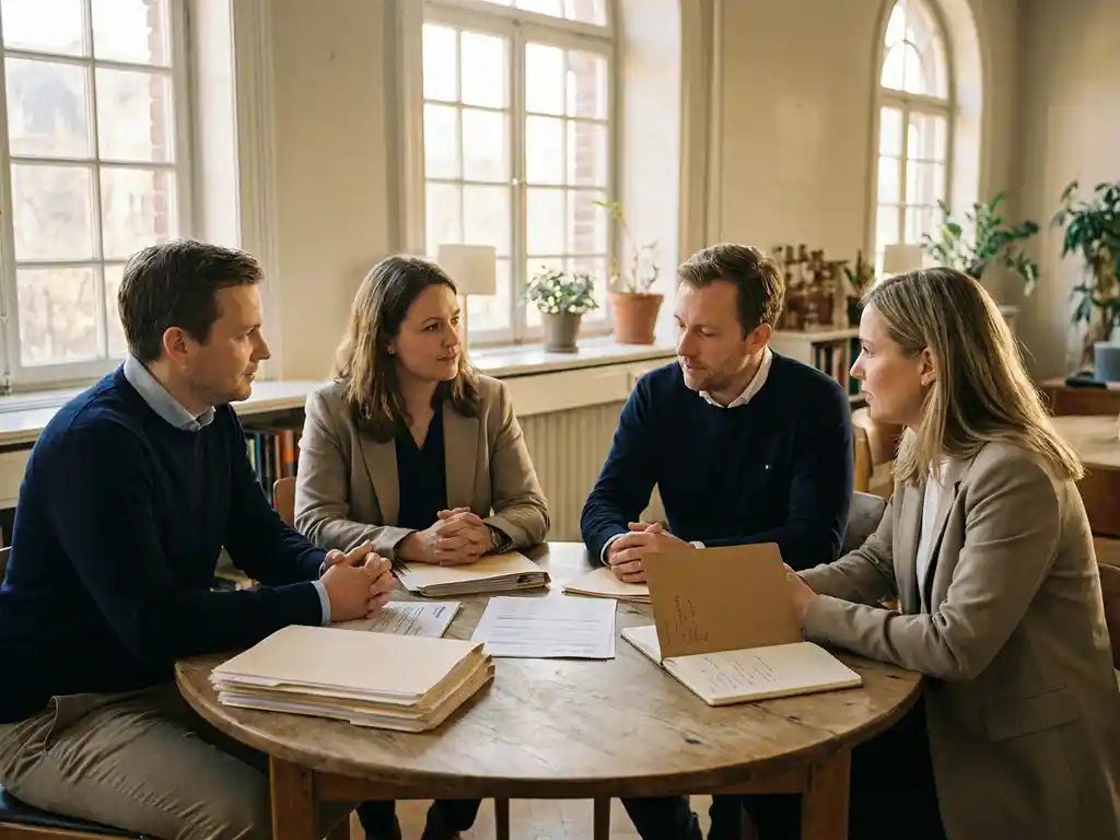 Professionals rond een ronde eiken tafel in een Nederlands kantoor met pensioendocumenten en een notitieboek in zacht middaglicht.
